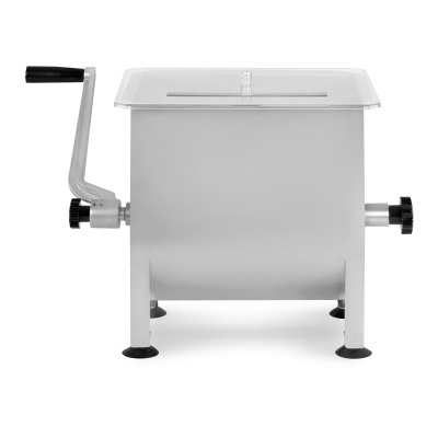 Máquina de metal prateado com manivela preta e tampa transparente