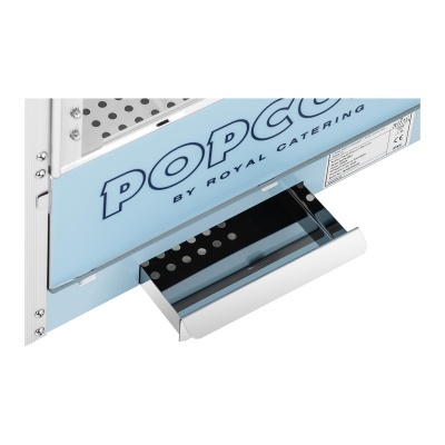 Máquina de pipocas azul clara com gaveta preta aberta e texto POPCOR BY ROYAL CATERING