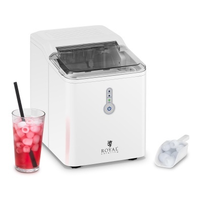 Máquina de fazer cubos de gelo branca Royal Catering com copo de bebida vermelha e gelo e concha com cubos de gelo