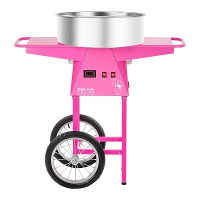 Carrinho rosa para algodão doce com tacho de aço inox e rodas pretas