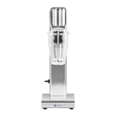 Batidora eléctrica de licuado plateada con vaso transparente y tapa metálica