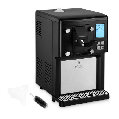 Máquina de café espresso preta e prateada com ecrã digital e acessórios