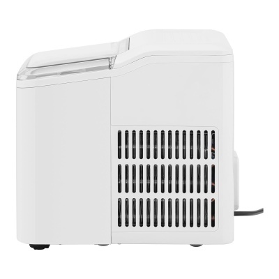 Máquina de fazer gelo branca com tampa transparente e grelhas laterais pretas