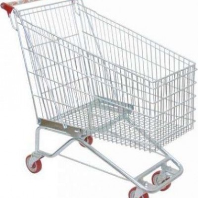 Carrinho de compras metálico prateado com rodas vermelhas
