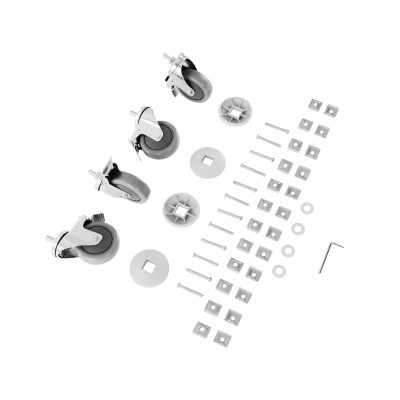 Conjunto de quatro rodízios com parafusos e acessórios sobre fundo branco