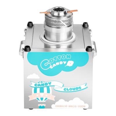 Máquina metálica para algodão doce com texto azul e branco