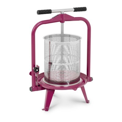 Espremedor manual roxo com cesta metálica perfurada e alça preta emborrachada