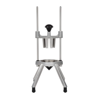 Espremedor manual de frutas em metal prateado com base tripé e cabo preto