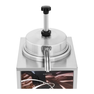 Dispensador de metal inoxidável com alavanca e base quadrada decorada.