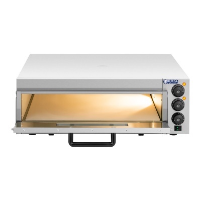 Forno elétrico de bancada branco com três botões de controlo e alça preta