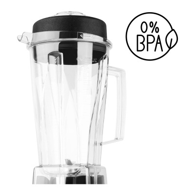 Recipiente transparente e tampa preta de liquidificador com selo 0% BPA