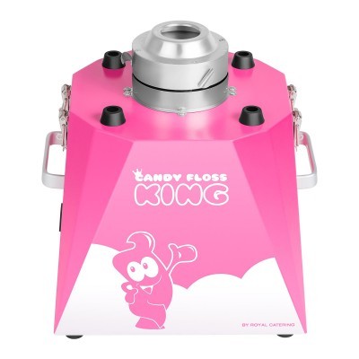 Máquina de algodão doce cor-de-rosa com texto 'CANDY FLOSS KING' e personagem ilustrado