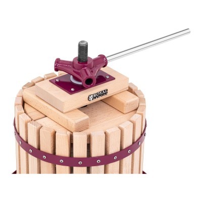 Prensa de madeira para frutos com estrutura cilíndrica e alavanca metálica