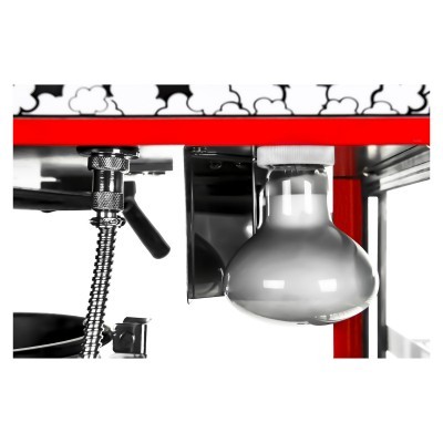 Máquina de pipocas vermelha com lâmpada de vidro e detalhes em metal