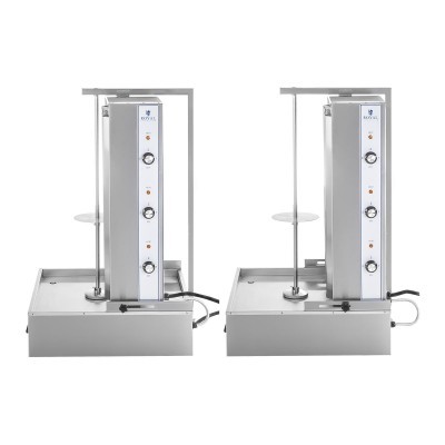 Máquina elétrica em aço inoxidável com painel branco, botões e haste metálica vertical