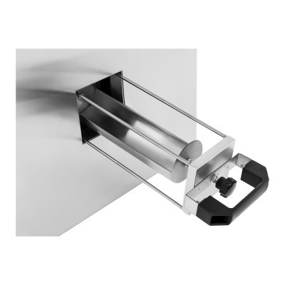 Suporte de aço inoxidável para rolos com pega preta montado numa superfície branca