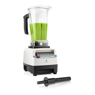 Liquidificador branco e preto com copo transparente e líquido verde