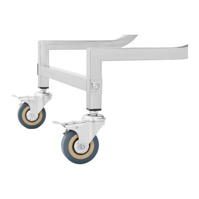 Rodas giratórias de borracha num suporte metálico prateado