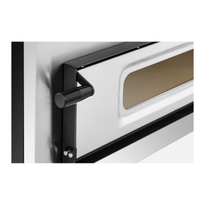 porta metálica de forno com maçaneta preta e vidro retangular