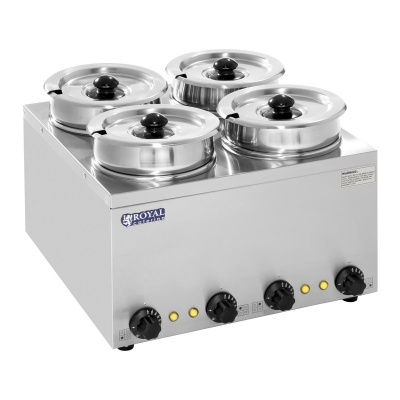 Equipamento de cozinha profissional com quatro tachos de inox e botões rotativos