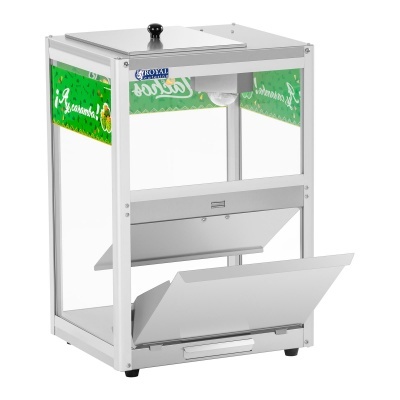 Máquina de pipocas branca e verde com tampas de vidro e painel inclinado inferior