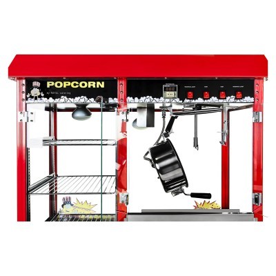 Máquina de pipocas vermelha com estrutura metálica e vidro transparente