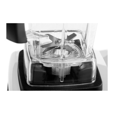 Base preta de liquidificador com jarra plástica transparente e lâminas metálicas