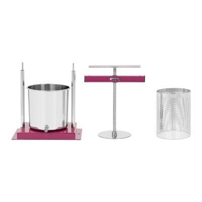 Conjunto de utensílios de cozinha em aço inoxidável com base rosa e acessórios diversos
