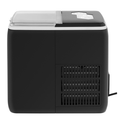 Máquina de gelo compacta preta com tampa transparente e painel de controlo no topo