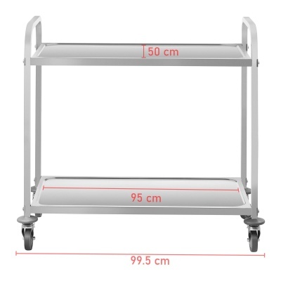 Carrinho metálico cinza com duas prateleiras e rodas, com medidas em vermelho.