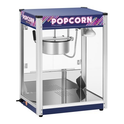 Máquina de fazer pipocas azul e metálica com texto POPCORN