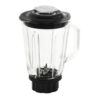 Jarro de liquidificador em vidro transparente com tampa preta e alça