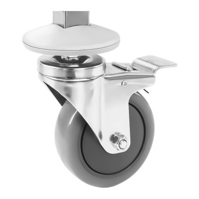 Roda giratória cinzenta com suporte metálico prateado e travão