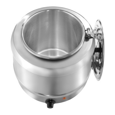 Recipiente cilíndrico em aço inoxidável com tampa aberta e controlo