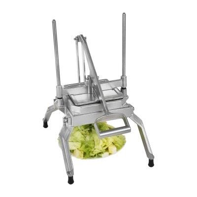 Cortador metálico de legumes em prateado com alavanca e quatro pés de borracha preta