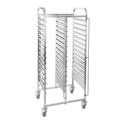 Carrinho metálico prateado com rodas e secções móveis para bandejas