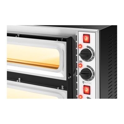 Forno elétrico preto e prata com duas portas de vidro e botões de controlo