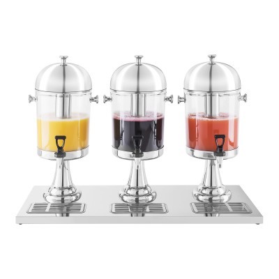 Dispensador triplo de bebidas em aço inox com três reservatórios transparentes e torneiras pretas