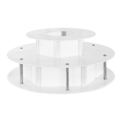 Expositor branco redondo em dois níveis com suportes metálicos prateados