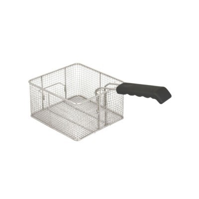 Cesto de arame metálico prateado com cabo preto para fritar alimentos