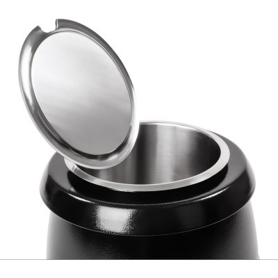 Cinzeiro metálico preto com tampa aberta mostrando interior em aço inoxidável