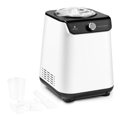 Máquina de fazer gelados branca e preta com tampa transparente e acessórios