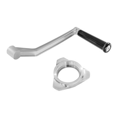 Manivela metálica prateada com pega preta e porca metálica quadrada