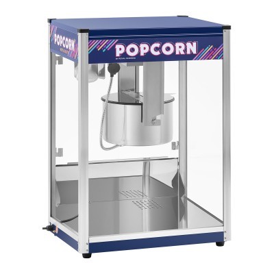 Máquina de pipocas azul com texto POPCORN e estrutura metálica de vidro