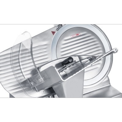 Fatiadora de carne em aço inoxidável com protetor plástico e régua ajustável