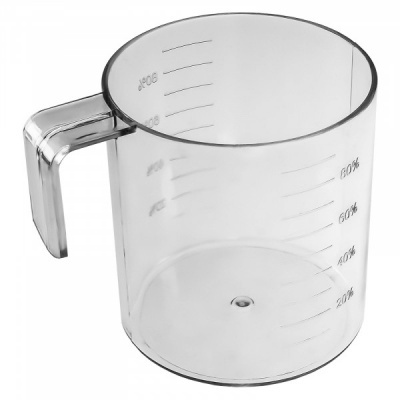 Jarro medidor transparente de plástico com graduação em porcentagem.