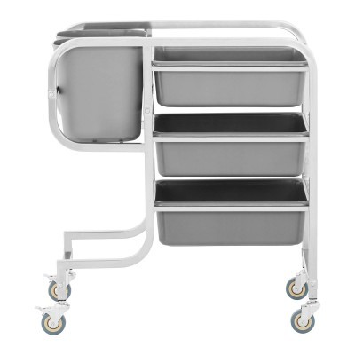 Carrinho organizador metálico branco com contentores cinzentos e rodas
