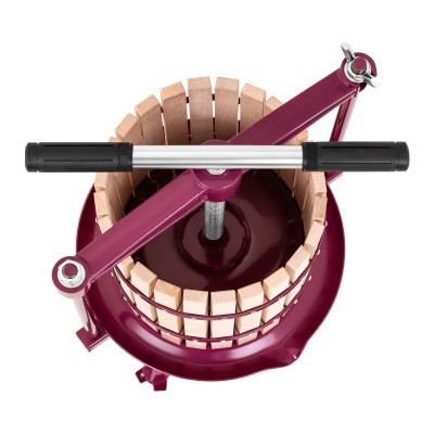 Prensa para frutas com estrutura metálica vinho e madeira natural vista superior