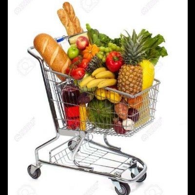 Carrinho de supermercado cheio de frutas, pão e bebida