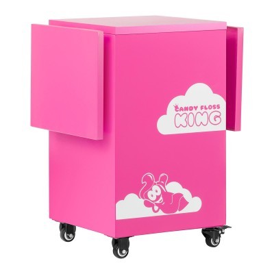 Móvel rosa com rodas e ilustrações de nuvens e coelho